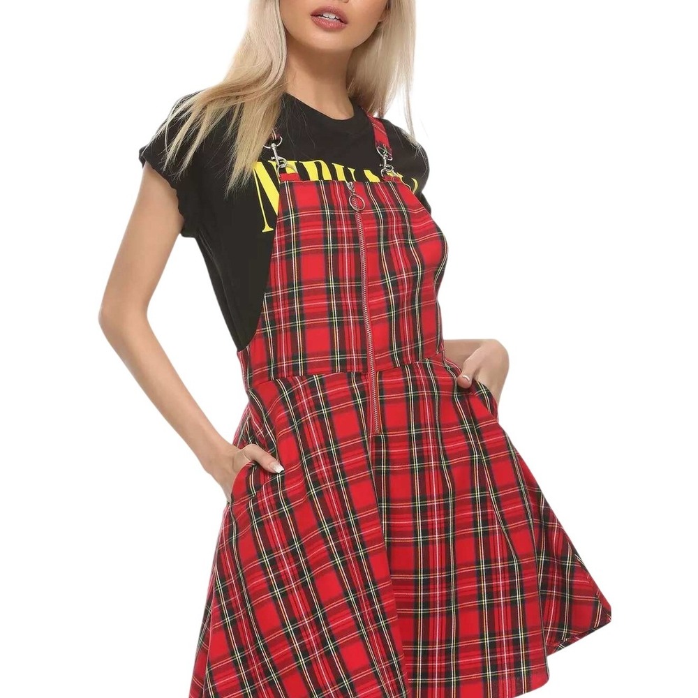 Hot Topic Red Plaid Pinafore Skater Dress Front Zip Red Plaid O-Ring Skirtall XS